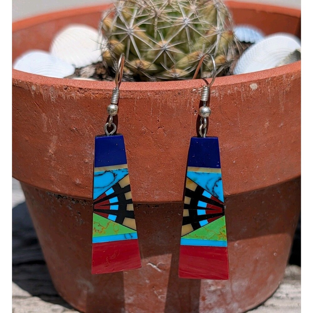 New Native Geometric Dangle Earrings Inlay Southwestern Mosaic Tribal Earrings